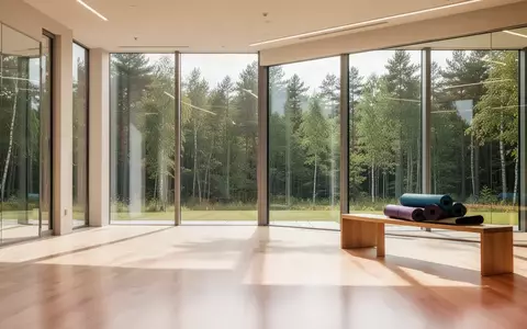 Ein heller, minimalistischer Übungsraum mit Holzboden und großen Fenstern mit Blick ins Grüne. - Foto: über boerse-global.de