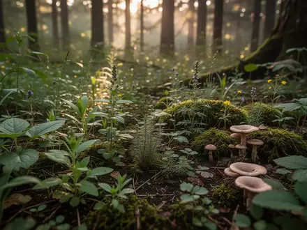 Ein üppiger Waldboden mit verschiedenen Heilpflanzen und Pilzen im weichen Licht des frühen Morgens. - Foto: über boerse-global.de