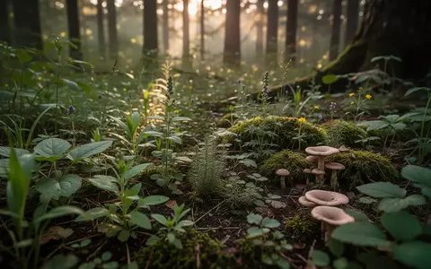 Ein üppiger Waldboden mit verschiedenen Heilpflanzen und Pilzen im weichen Licht des frühen Morgens. - Foto: über boerse-global.de