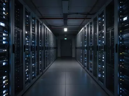 Ein modern beleuchteter Serverraum mit Reihen von Racks und blinkenden Statusleuchten in einer industriellen Umgebung. - Foto: über boerse-global.de