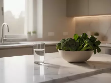 Ein minimalistisches, helles Kücheninterieur mit einem Glas Wasser und frischem Gemüse auf einer Marmoroberfläche. - Foto: über boerse-global.de