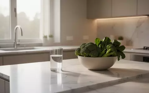 Ein minimalistisches, helles Kücheninterieur mit einem Glas Wasser und frischem Gemüse auf einer Marmoroberfläche. - Foto: über boerse-global.de
