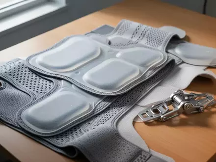 Nahaufnahme von orthopädischen Materialien, Kompressionsgestrick und mechanischen Scharnierelementen auf einer Holzoberfläche. - Foto: über boerse-global.de