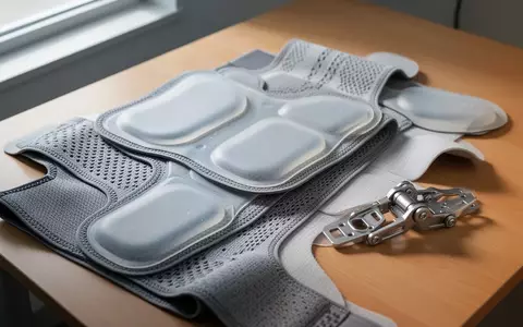 Nahaufnahme von orthopädischen Materialien, Kompressionsgestrick und mechanischen Scharnierelementen auf einer Holzoberfläche. - Foto: über boerse-global.de
