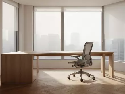 Ein minimalistisch eingerichteter, sonnendurchfluteter Büroraum mit einem leeren Schreibtisch und einem ergonomischen Stuhl. - Foto: über boerse-global.de