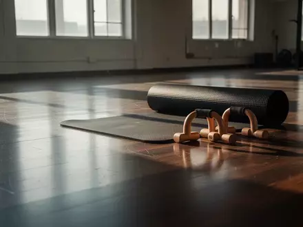 Leerer, minimalistischer Fitnessraum mit Holzboden, einer Sportmatte und Liegestützgriffen im sanften Tageslicht. - Foto: über boerse-global.de