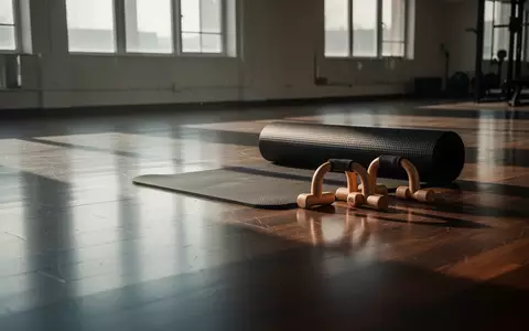 Leerer, minimalistischer Fitnessraum mit Holzboden, einer Sportmatte und Liegestützgriffen im sanften Tageslicht. - Foto: über boerse-global.de