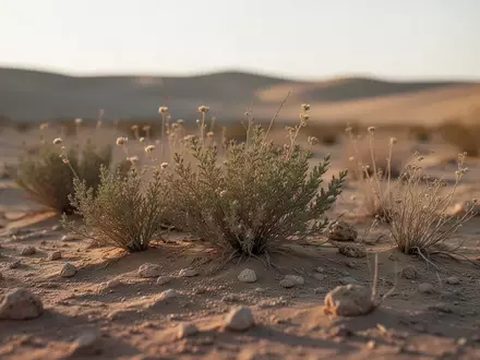 Nahaufnahme von Wüstenpflanzen in einer trockenen, sandigen Umgebung bei goldenem Licht. - Foto: über boerse-global.de