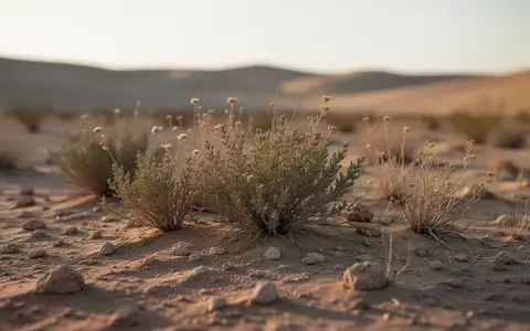 Nahaufnahme von Wüstenpflanzen in einer trockenen, sandigen Umgebung bei goldenem Licht. - Foto: über boerse-global.de