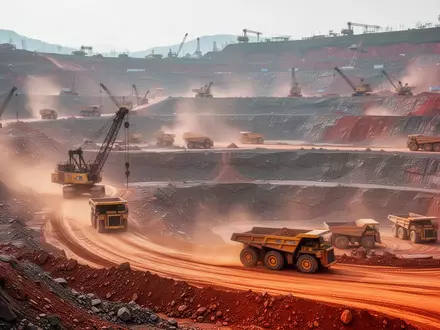 Ein großes Kupfer-Tagebaugelände mit schweren Baumaschinen und Lastwagen im aktiven Betrieb. - Foto: über boerse-global.de