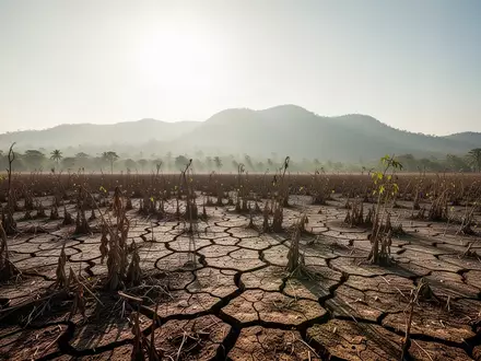 Ausgetrocknete, rissige Erdoberfläche in einer von Dürre betroffenen Landschaft unter hellem Sonnenlicht. - Foto: über boerse-global.de