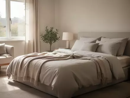 Ein helles, modern eingerichtetes Schlafzimmer mit einem ordentlich gemachten Bett und natürlichem Lichteinfall. - Foto: über boerse-global.de
