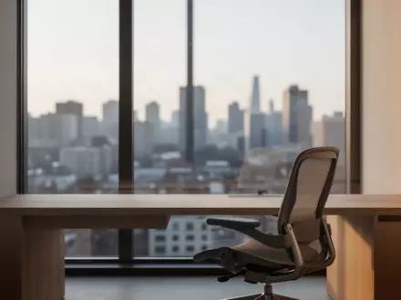 Ein minimalistischer, moderner Arbeitsbereich mit einem leeren Schreibtisch vor einem hellen Fenster. - Foto: über boerse-global.de