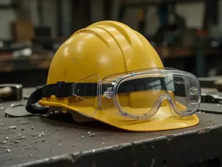 Symbolbild: Schutzhelm und Schutzbrille auf einer Werkbank - Foto: über boerse-global.de