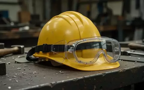 Symbolbild: Schutzhelm und Schutzbrille auf einer Werkbank - Foto: über boerse-global.de