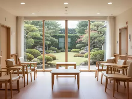 Ein heller, leerer Gemeinschaftsraum in einer Pflegeeinrichtung mit Blick in einen Garten. - Foto: über boerse-global.de