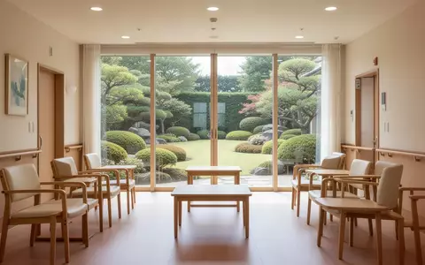 Ein heller, leerer Gemeinschaftsraum in einer Pflegeeinrichtung mit Blick in einen Garten. - Foto: über boerse-global.de
