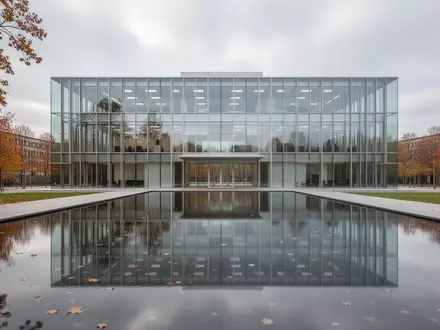Moderne, minimalistische Glasfassade eines Verwaltungsgebäudes, die sich in einem ruhigen Wasserbecken spiegelt. - Foto: über boerse-global.de