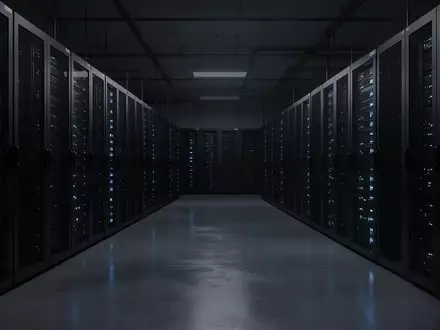 Ein dunkler Serverraum mit leuchtenden blauen Status-LEDs an Server-Racks in einer ruhigen, industriellen Umgebung. - Foto: über boerse-global.de