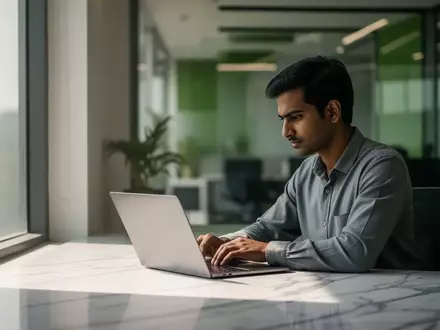 Ein professioneller Arbeitsplatz in einem modernen indischen Technologiebüro bei natürlichem Licht. - Foto: über boerse-global.de