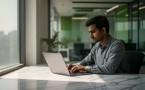 Ein professioneller Arbeitsplatz in einem modernen indischen Technologiebüro bei natürlichem Licht. - Foto: über boerse-global.de