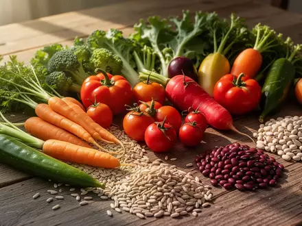 Frisches Gemüse und Vollkornprodukte auf einem Holztisch als Symbol für gesunde Ernährung und biologisches Alter. - Foto: über boerse-global.de