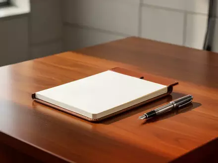 Ein minimalistischer, leerer Schreibtisch mit einem Notizbuch und einem Füllfederhalter in einer ruhigen Büroumgebung. - Foto: über boerse-global.de