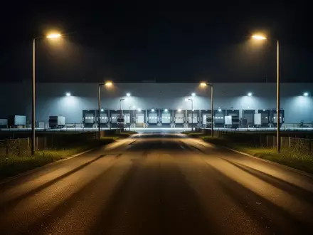 Eine nächtliche Aufnahme eines leeren Industriehofs vor einem beleuchteten Verteilzentrum mit Laderampen. - Foto: über boerse-global.de