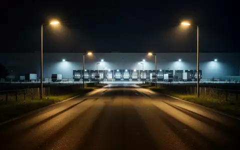 Eine nächtliche Aufnahme eines leeren Industriehofs vor einem beleuchteten Verteilzentrum mit Laderampen. - Foto: über boerse-global.de