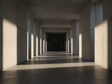 Ein minimalistischer, leerer Flur in einem modernen Regierungsgebäude mit langen Schatten auf Betonwänden. - Foto: über boerse-global.de