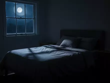 Ein minimalistisch eingerichtetes Schlafzimmer bei Nacht, das von schwachem Mondlicht durch ein Fenster beleuchtet wird. - Foto: über boerse-global.de