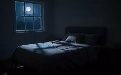 Ein minimalistisch eingerichtetes Schlafzimmer bei Nacht, das von schwachem Mondlicht durch ein Fenster beleuchtet wird. - Foto: über boerse-global.de