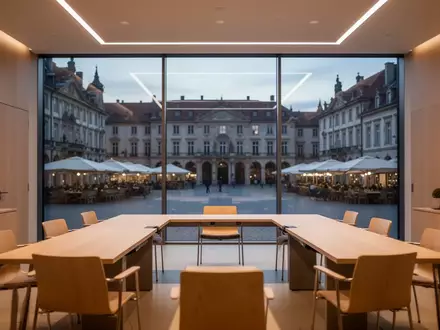 Ein heller, moderner Sitzungssaal mit Blick auf einen Marktplatz bei Dämmerung, der eine ruhige Arbeitsumgebung symbolisiert. - Foto: über boerse-global.de