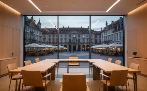 Ein heller, moderner Sitzungssaal mit Blick auf einen Marktplatz bei Dämmerung, der eine ruhige Arbeitsumgebung symbolisiert. - Foto: über boerse-global.de