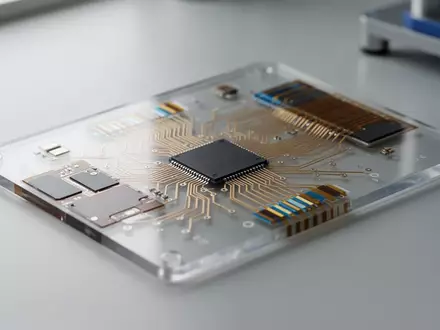 Nahaufnahme von flexibler, gedruckter Elektronik auf einer transparenten Folie in einem Laborumfeld. - Foto: über boerse-global.de