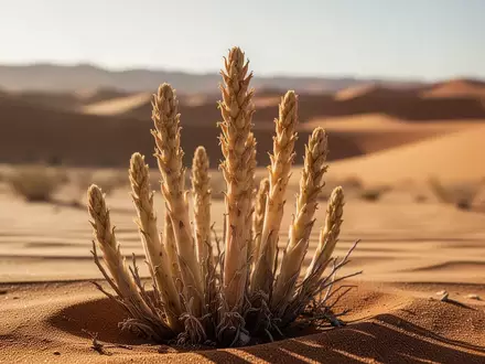 Nahaufnahme einer Cistanche tubulosa Pflanze in einer sonnendurchfluteten Wüstenlandschaft mit goldenen Sanddünen. - Foto: über boerse-global.de