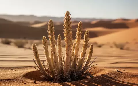 Nahaufnahme einer Cistanche tubulosa Pflanze in einer sonnendurchfluteten Wüstenlandschaft mit goldenen Sanddünen. - Foto: über boerse-global.de