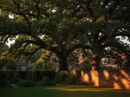 Zwei große, alte Eichen werfen bei tiefstehendem Sonnenlicht lange Schatten auf eine Gartenmauer und eine Grünfläche. - Foto: über boerse-global.de