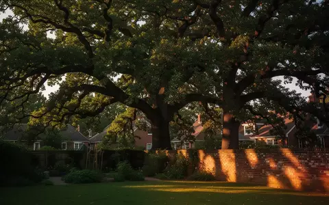 Zwei große, alte Eichen werfen bei tiefstehendem Sonnenlicht lange Schatten auf eine Gartenmauer und eine Grünfläche. - Foto: über boerse-global.de