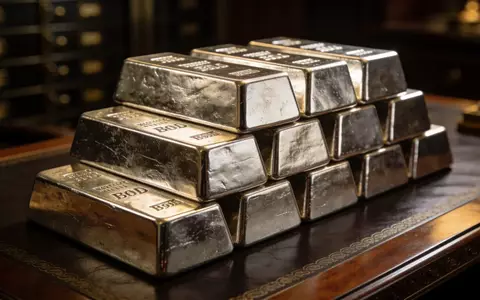 Gestapelte Silberbarren auf einem dunklen Holztisch in einem Tresor bei gedimmtem Licht. - Foto: über boerse-global.de