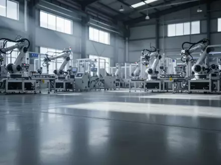 Eine moderne, leere Industriehalle mit Produktionsanlagen im Hintergrund und kühlem, natürlichem Lichteinfall. - Foto: über boerse-global.de