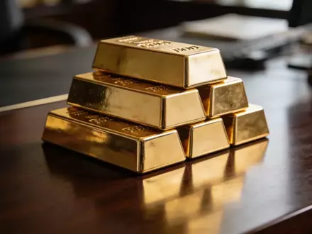 Ein Stapel glänzender Goldbarren auf einem dunklen Holztisch in einem professionellen Finanzbüro. - Foto: über boerse-global.de