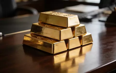 Ein Stapel glänzender Goldbarren auf einem dunklen Holztisch in einem professionellen Finanzbüro. - Foto: über boerse-global.de
