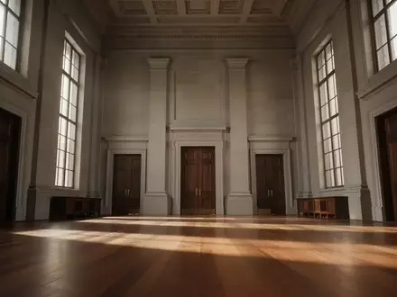 Ein leerer, prunkvoller Gerichtssaal mit hohen Decken und dunklen Holztüren in einer nüchternen, sachlichen Atmosphäre. - Foto: über boerse-global.de