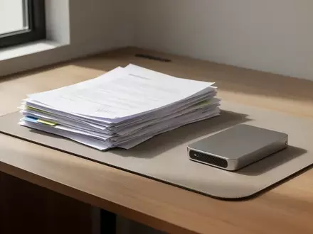 Ein aufgeräumter Schreibtisch mit einer externen Festplatte und Papierunterlagen in natürlichem Licht. - Foto: über boerse-global.de
