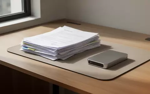 Ein aufgeräumter Schreibtisch mit einer externen Festplatte und Papierunterlagen in natürlichem Licht. - Foto: über boerse-global.de