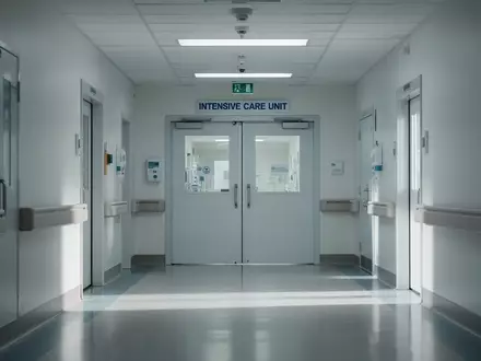Ein steriler, menschenleerer Krankenhausflur mit geschlossenen Türen vor einer Intensivstation. - Foto: über boerse-global.de