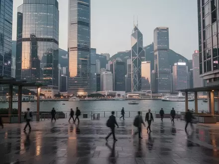 Blick auf das Finanzviertel von Hongkong bei Dämmerung mit modernen Wolkenkratzern und Fußgängern in einer neutralen Atmosphäre. - Foto: über boerse-global.de