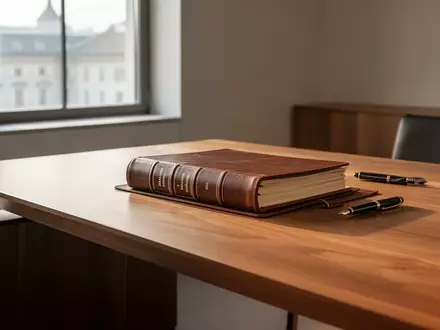 Ein minimalistischer Arbeitsplatz mit hochwertigen juristischen Fachbüchern und Dokumenten in einem hellen Büro. - Foto: über boerse-global.de