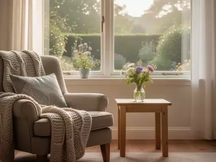 Ein helles, aufgeräumtes Wohnzimmer mit einem bequemen Sessel und einem Blick in einen ruhigen Garten. - Foto: über boerse-global.de